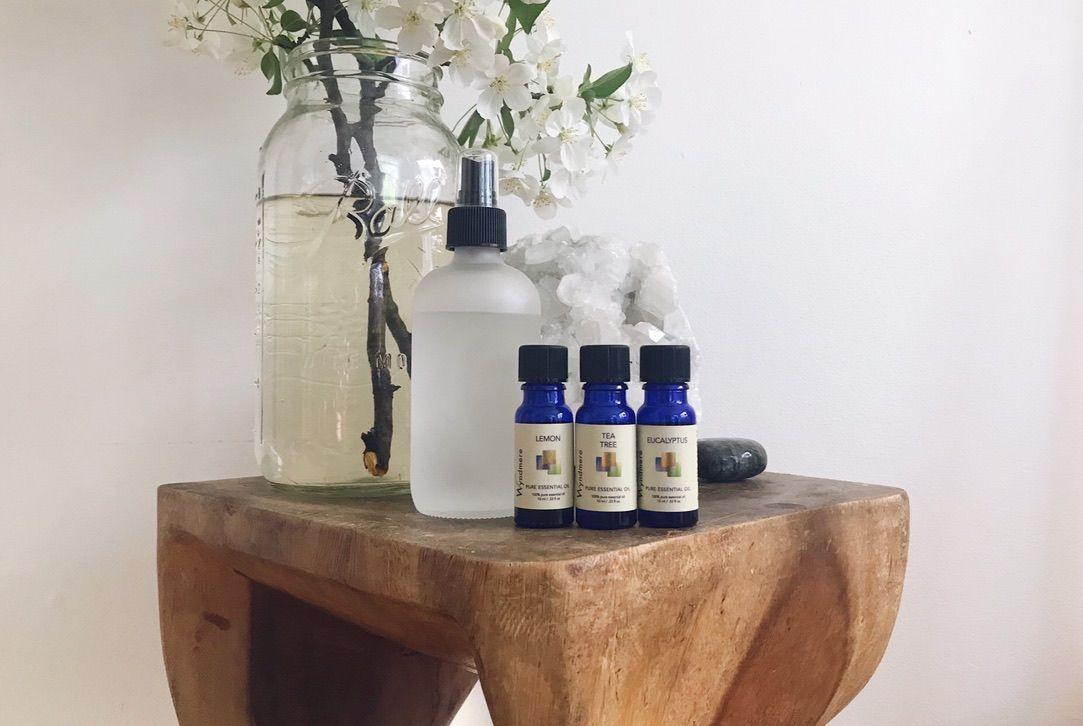 An image of tea tree, lemon, and eucalytpus essential oils