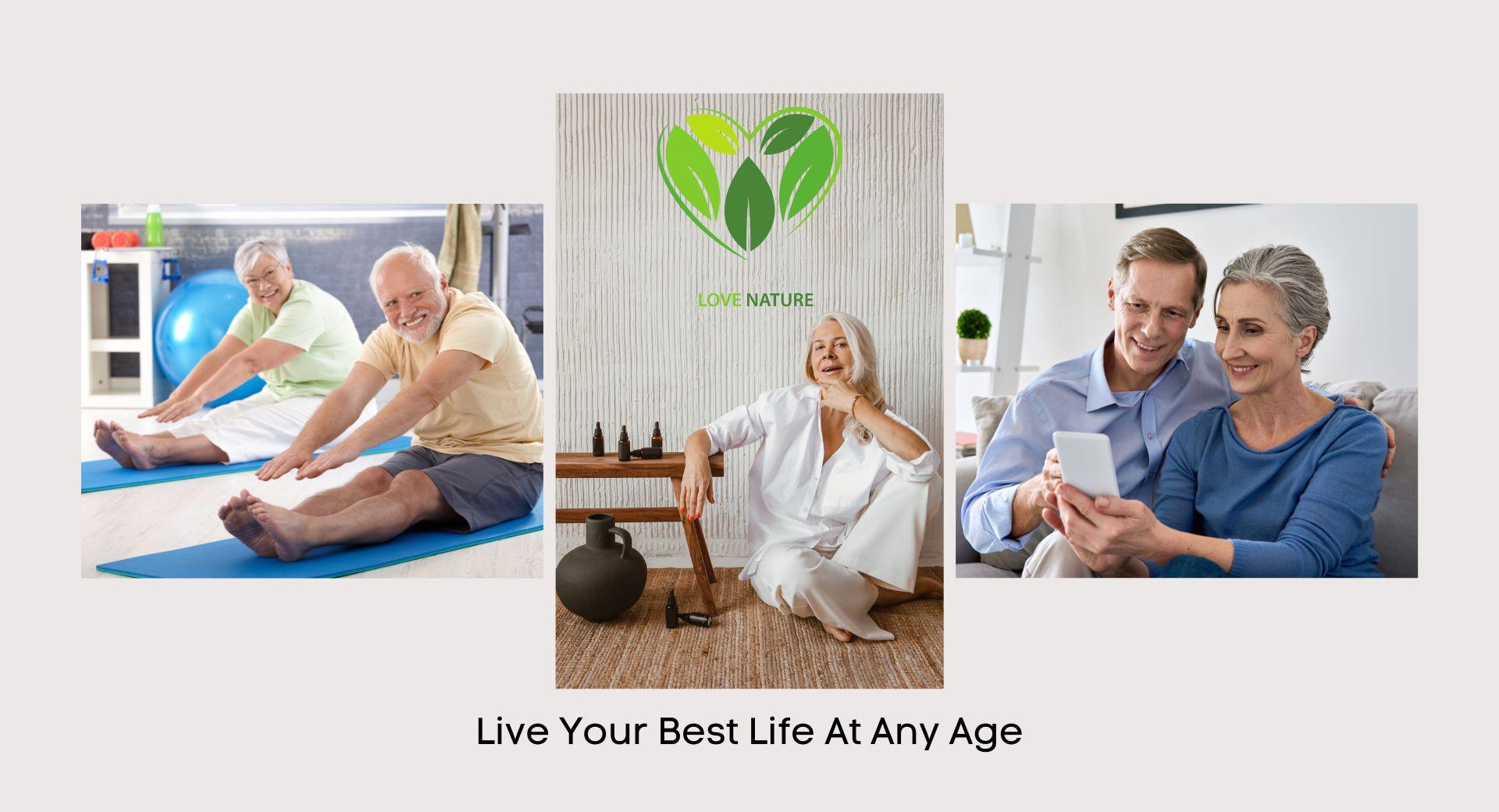 Live your best life at any age. Exercising man and woman, a couple talking with family, and a woman sitting with her diy essential oils - Wyndmere Naturals