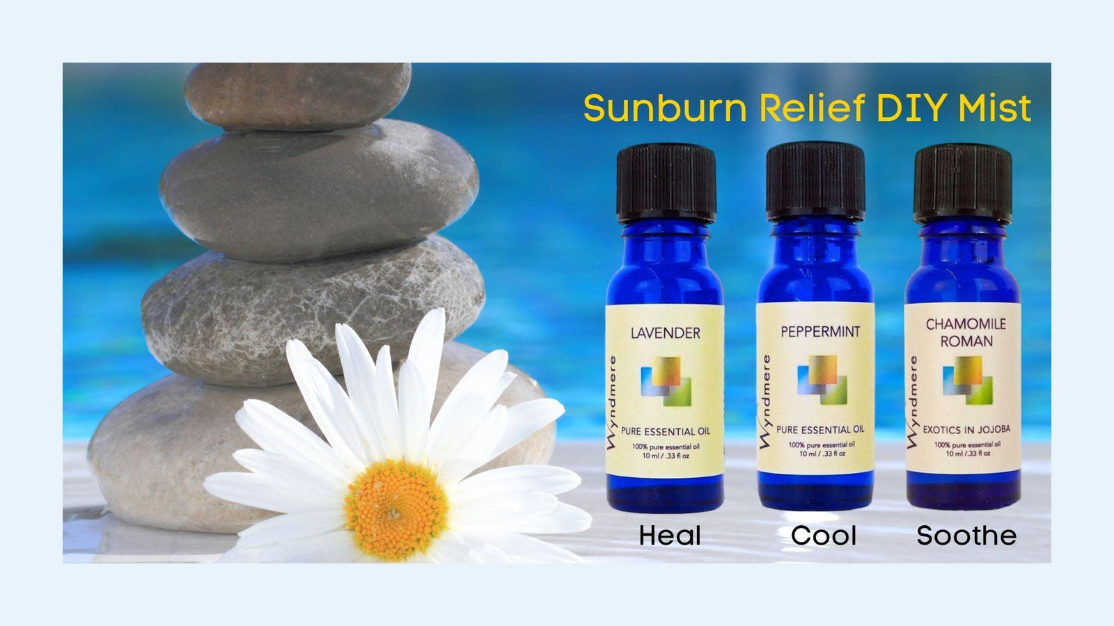 Build your own summer essential first aid kit with Lavender, Peppermint and Chamomile. Outdoor pool with rocks and daisy flower. Wyndmere