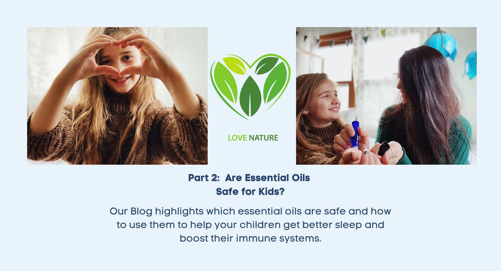 Mother and daughter laughing while DIYing with essential oils that help children sleep: daughter forming heart with hands.