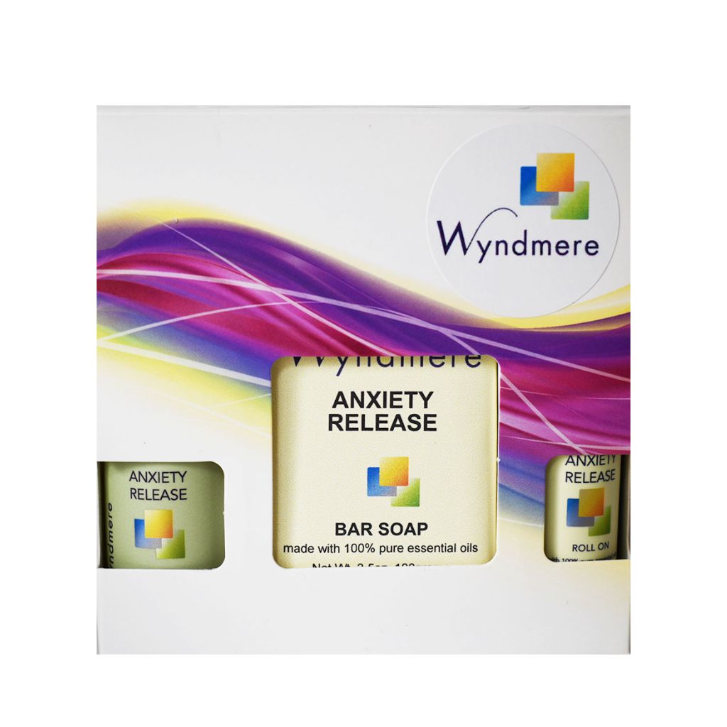 Decorative box set of Wyndmere Anxiety Release 1oz lotion, soap and roll-on