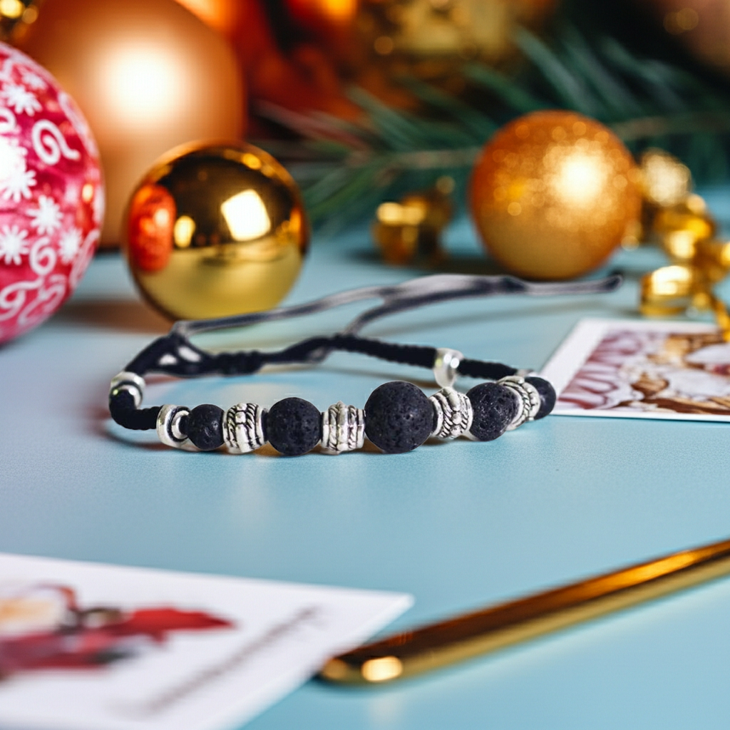 Wyndmere aromatherapy bracelet with black and silver beads on a festive background with Christmas ornaments.