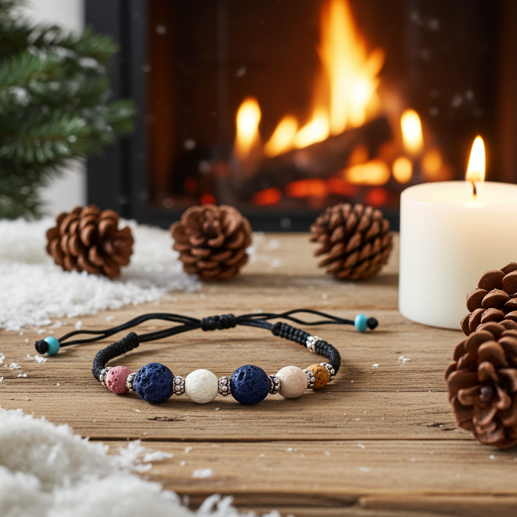 Wyndmere aromatherapy bracelet with colorful beads on a wooden surface with pine cones and a candle in front of a fireplace.