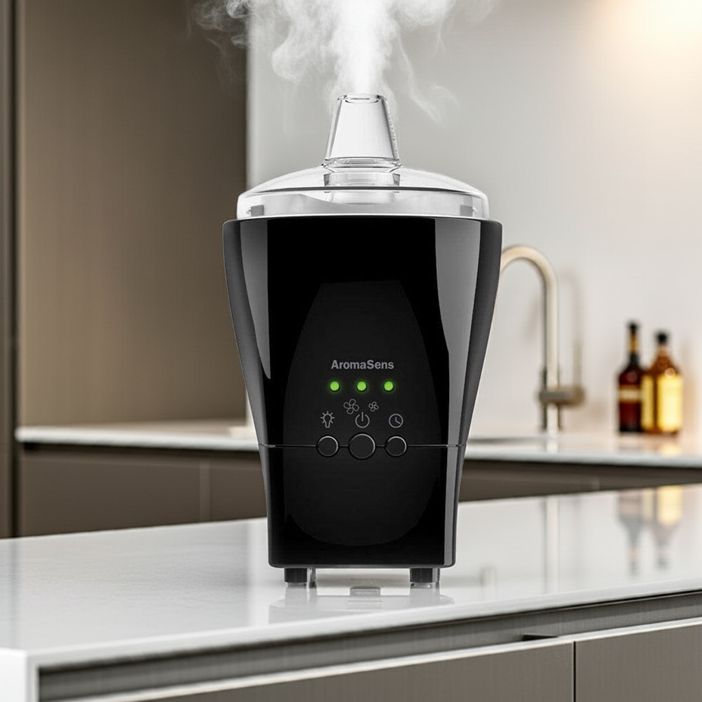 Black humidifier with steam on a kitchen counter, Wyndmere  'AromaSens' visible
