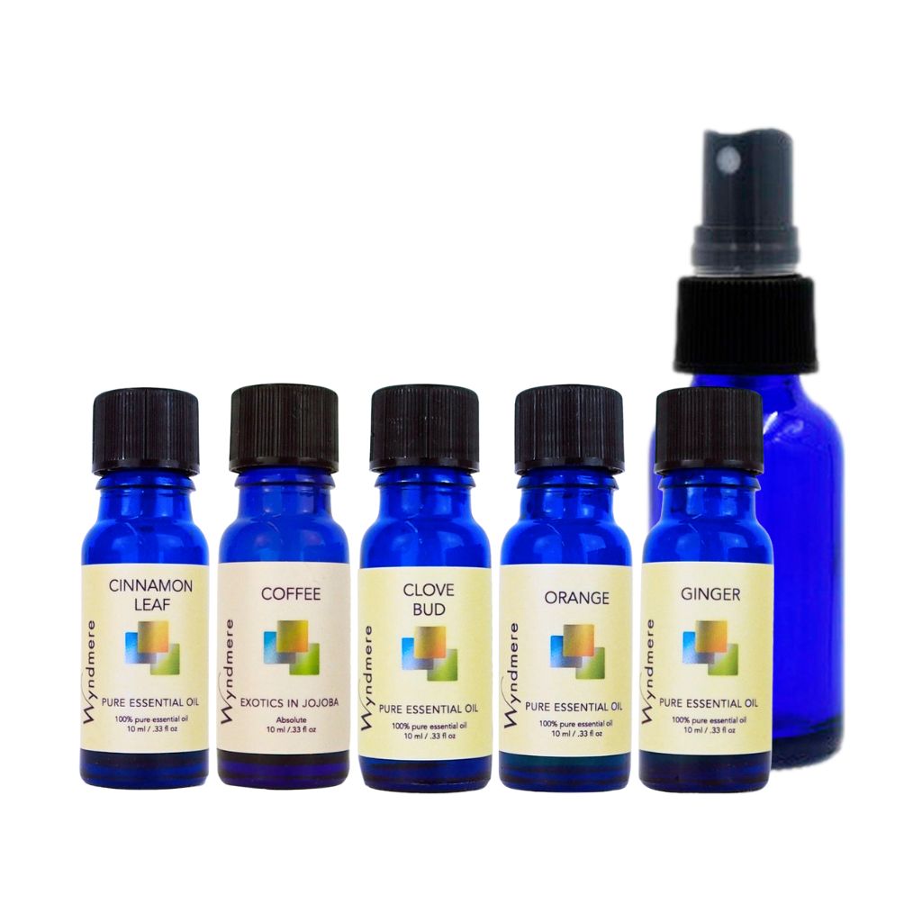 Pumpkin Spice Latte blend, 1oz Cobalt blue glass mister bottle, cinnamon, clove bud, coffee, cardamom, ginger essential oils
