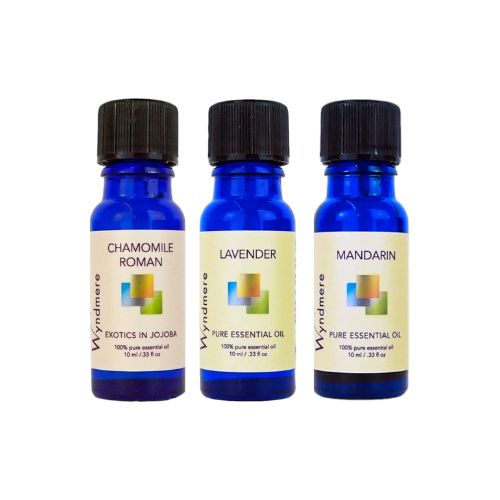 Wyndmere essential oils chamomile roman, lavender, and mandarin.
