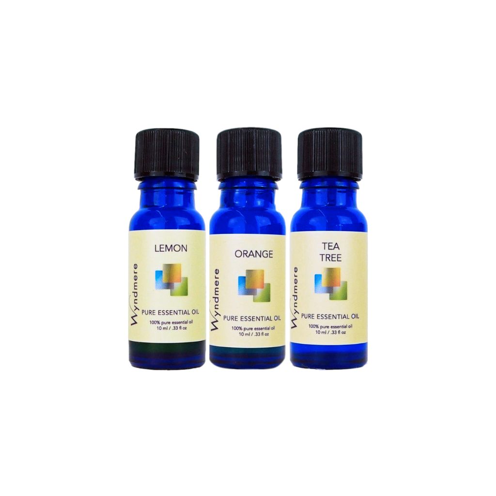 An image featuring a blue spray bottle with ingredients such as lemon, orange, and tea tree essential oils.