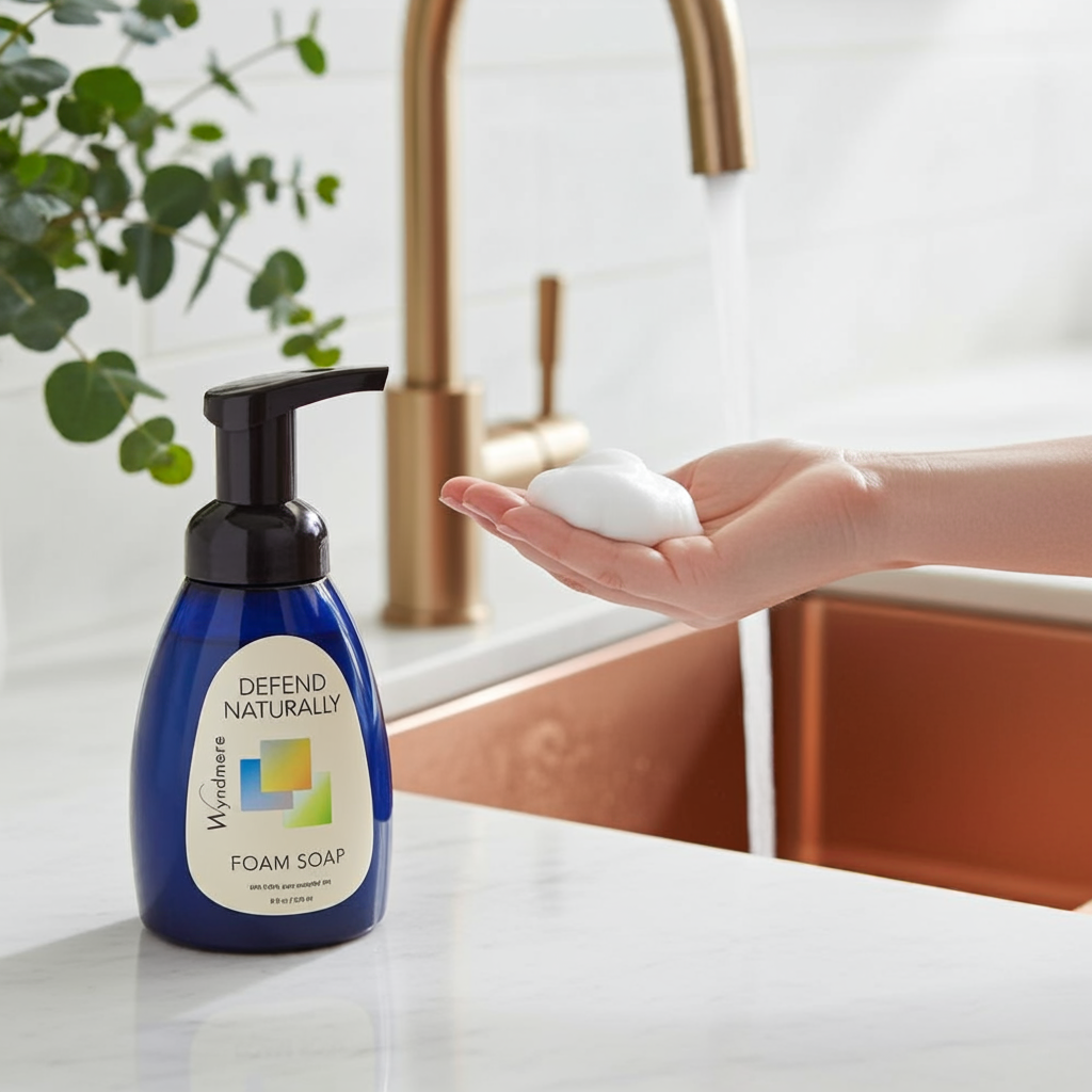 Bottle of Wyndmere Defend Naturally foam soap with a hand holding soap in a kitchen setting.
