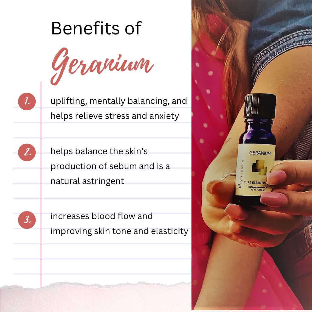 Wyndmere Geranium essential oil in a cobalt blue bottle held by a person with text on benefits of geranium.
