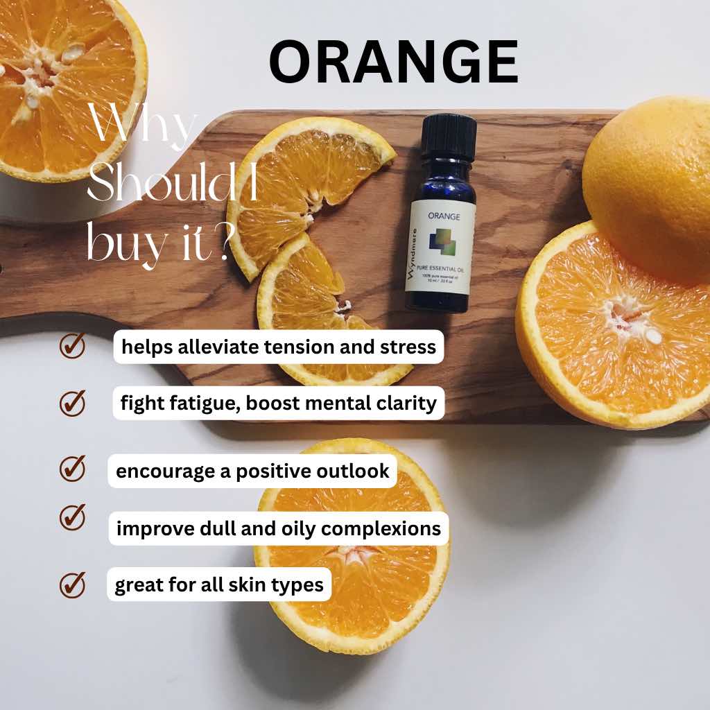 Bottle of Orange essential oil on a cutting board with sliced oranges and text about benefits