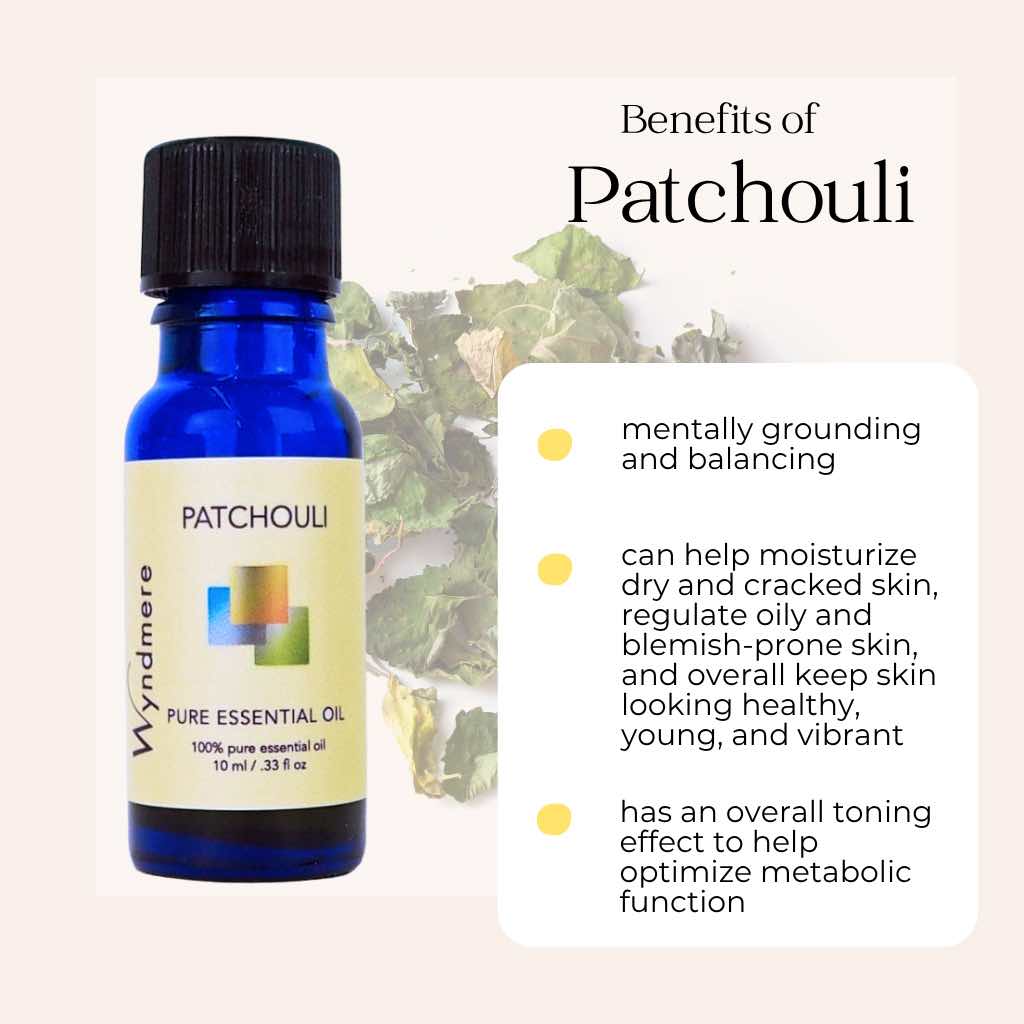 Wyndmere Patchouli essential oil bottle infographic on a light background