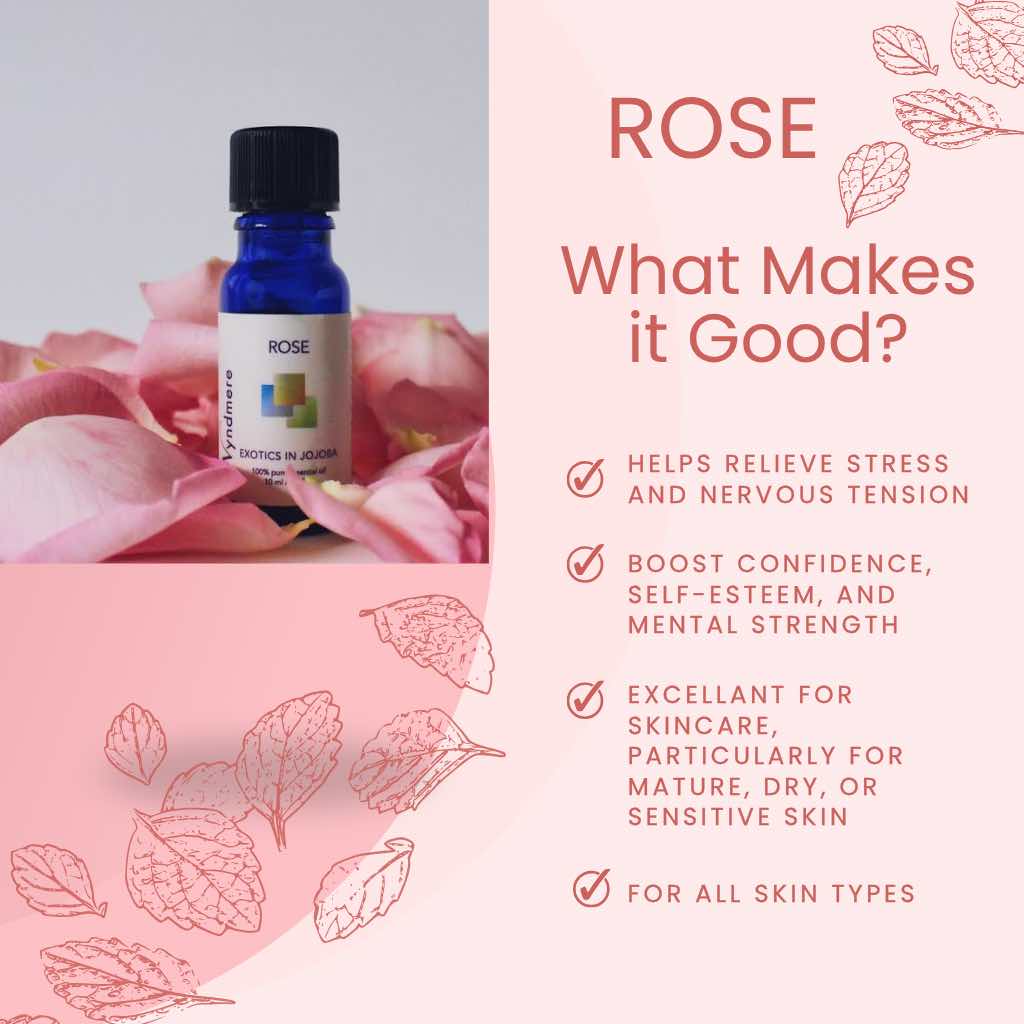 Rose essential oil bottle with pink roses and text about its benefits on a light pink background