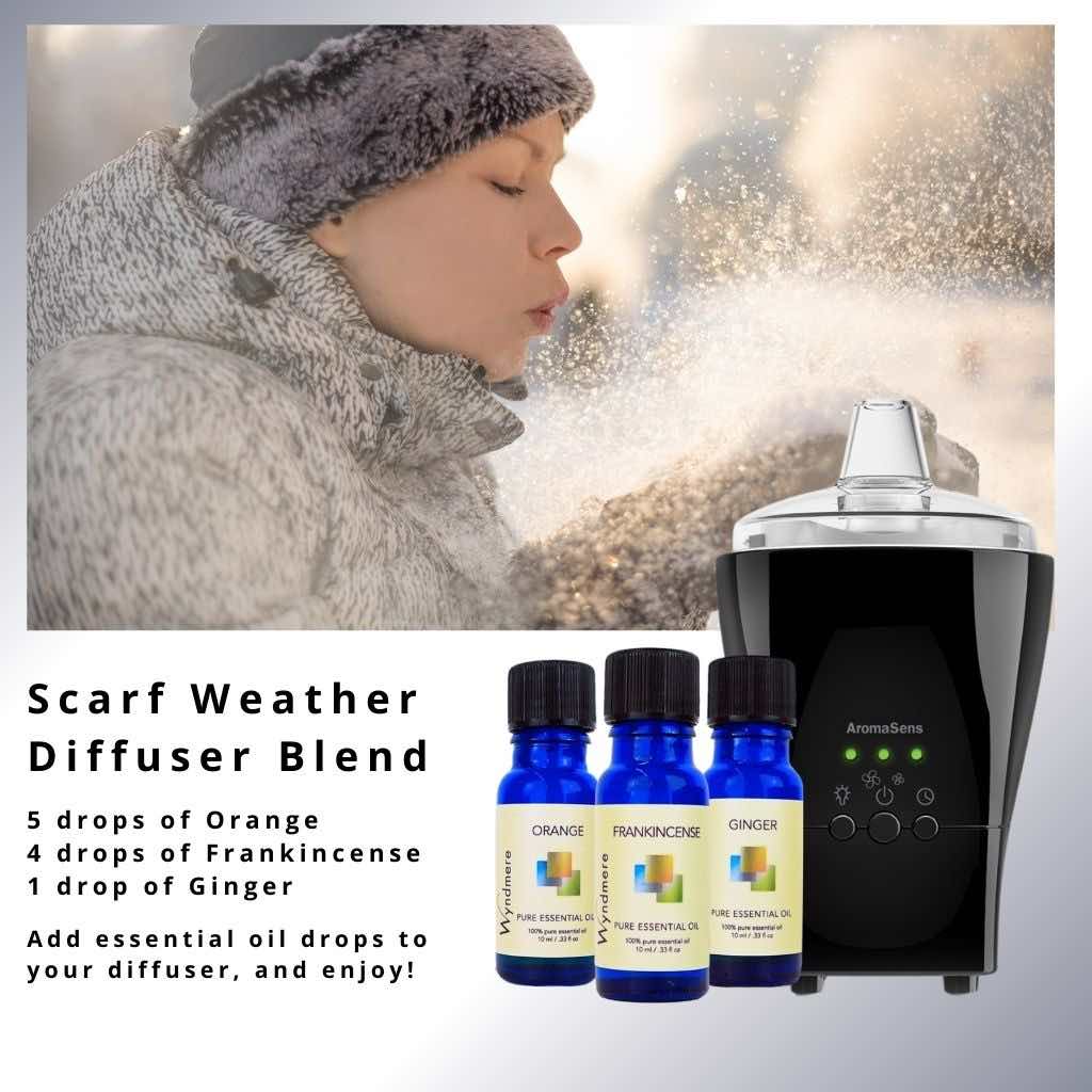 Wyndmere - Scarf Weather Diffuser Blend Recipe. Orange, frankincense, and ginger essential oils with an AromaSens diffuser.