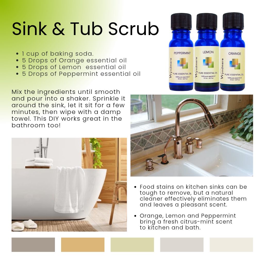 An image showcasing a DIY sink and tub scrub recipe bundle. It includes bottles of baking soda, orange essential oil, lemon essential oil, and peppermint essential oil, along with a prepared cleaning solution and a description of how to use it for cleaning a kitchen sink.