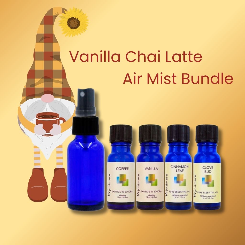 Vanilla Chai Latte Air Mist Bundle with Wyndmere blue essential oil bottles and labels on a yellow background
