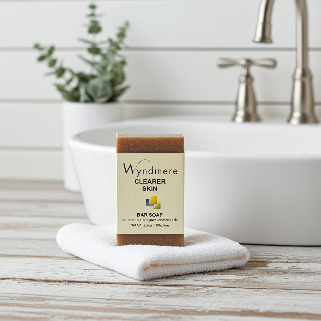 Wyndmere Clearer Skin bar soap on a towel with a sink and plant in the background