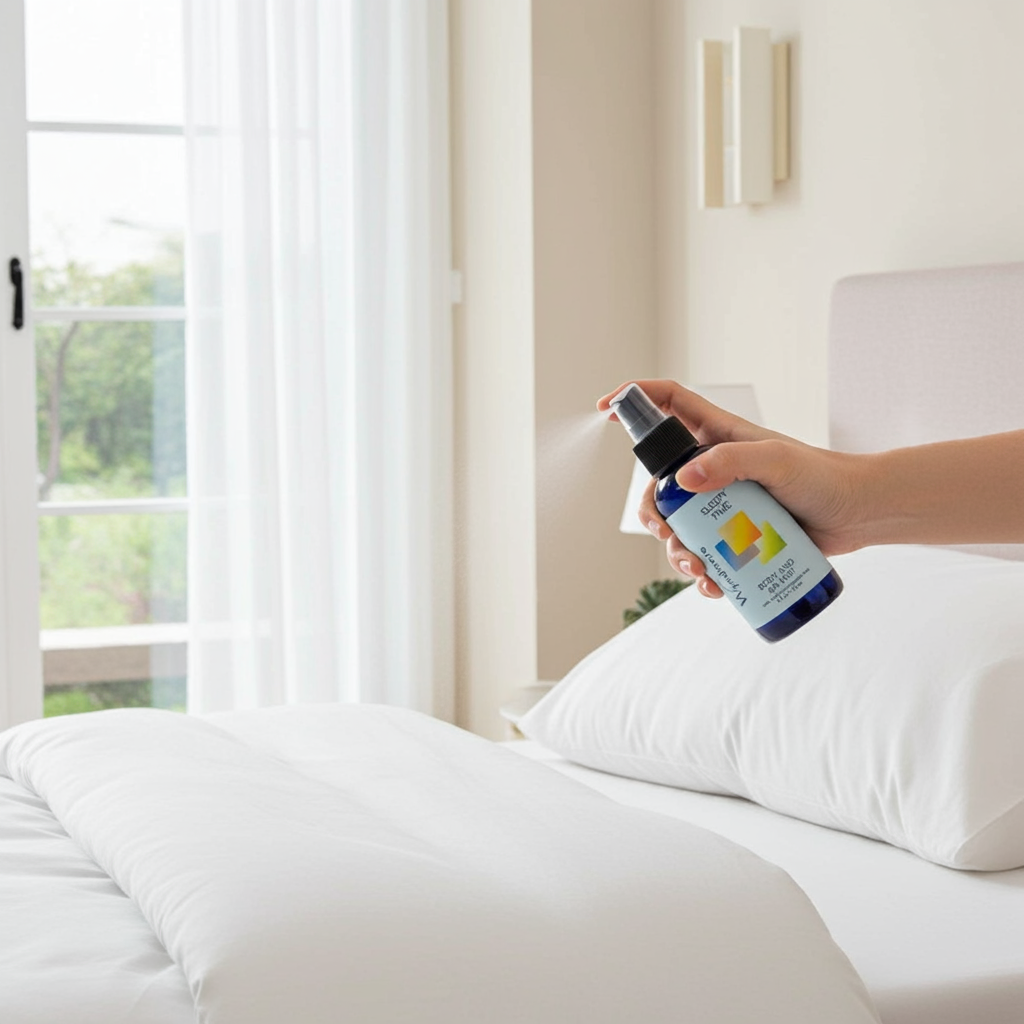Person using a Wyndmere Sleepy Time Air Mist  bottle on a pillow in a bright bedroom