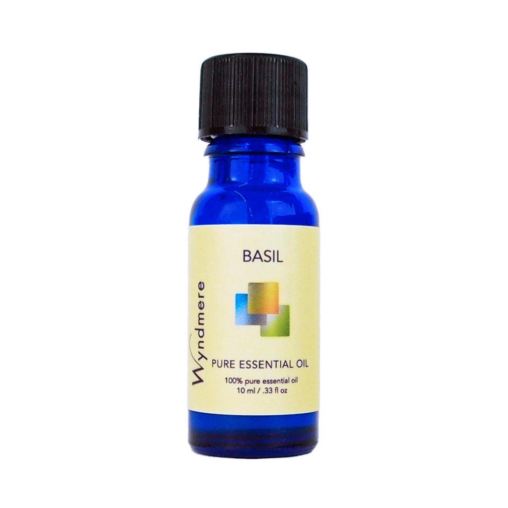 10ml cobalt blue bottle of Wyndmere Basil essential oil