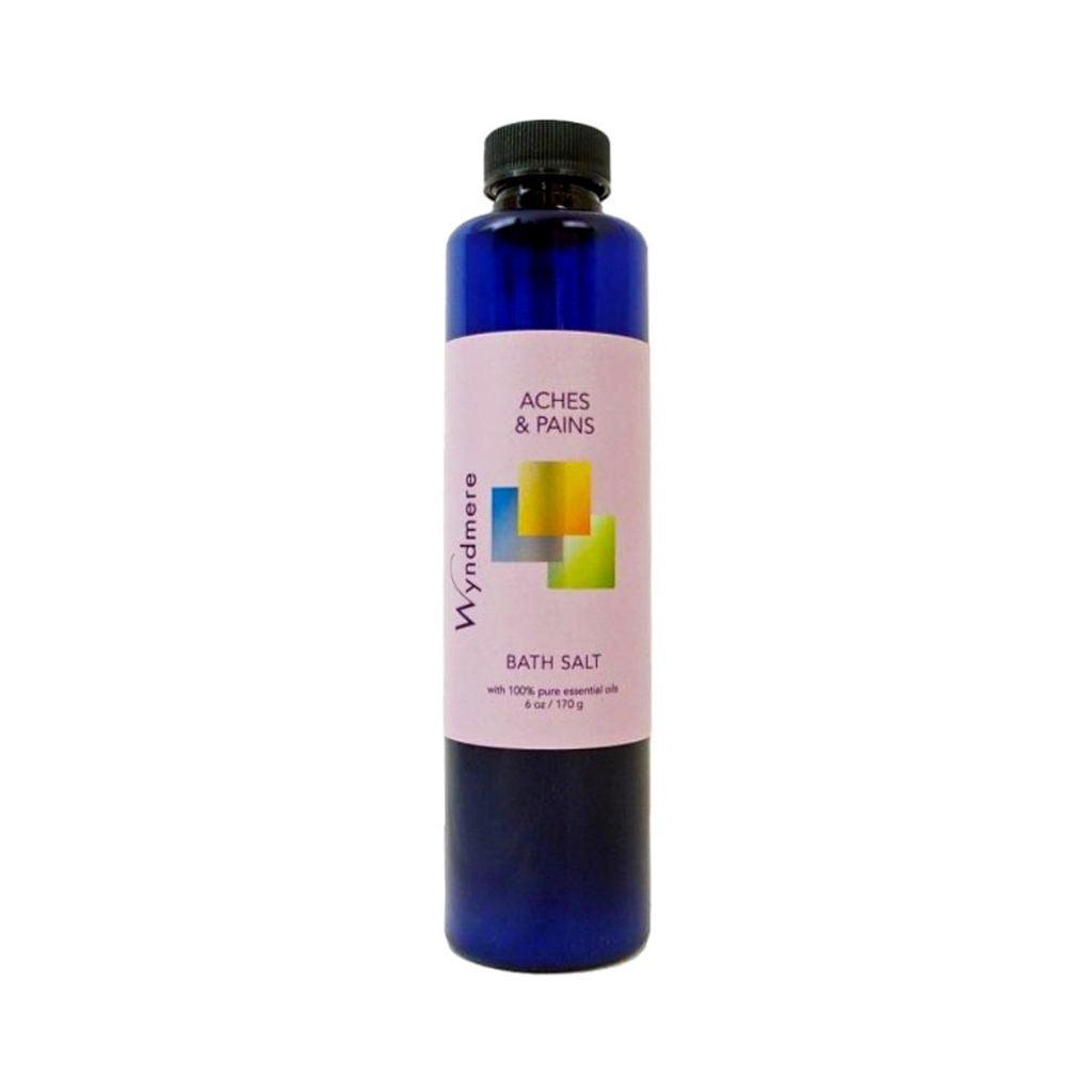 6 ounce cobalt blue bottle of Wyndmere Aches & Pains Bath Salt