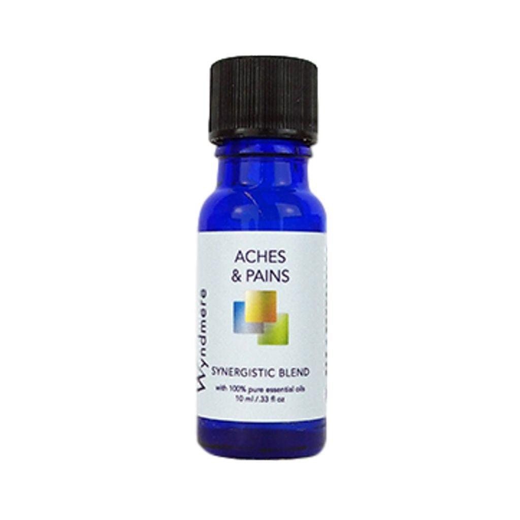 Wyndmere Aches & Pains essential oil blend in a 10ml cobalt blue bottle
