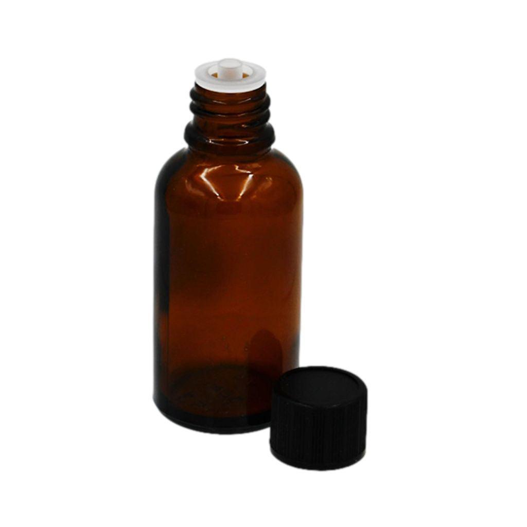 1oz amber boston round glass bottle with European dropper. Black cap is off showing the inner dropper.