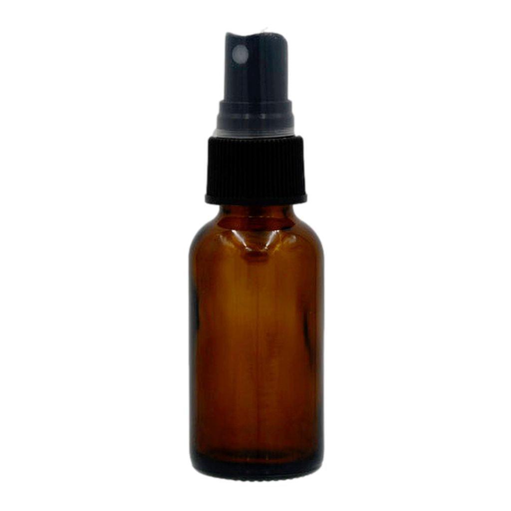 1oz amber boston round glass bottle with black fine mist sprayer and clear hood