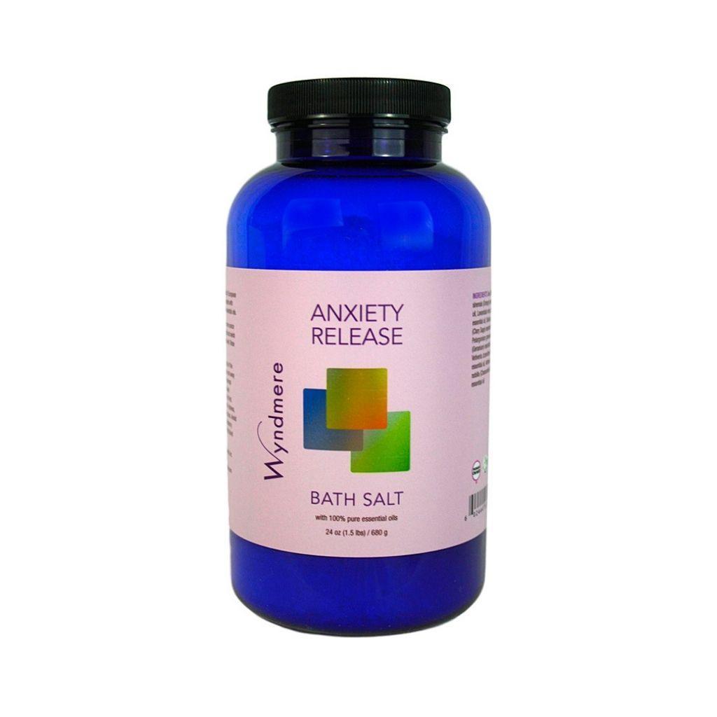 24 ounce cobalt blue bottle of Wyndmere Anxiety Release Bath Salt with the best essential oils to help ease nervous tension.