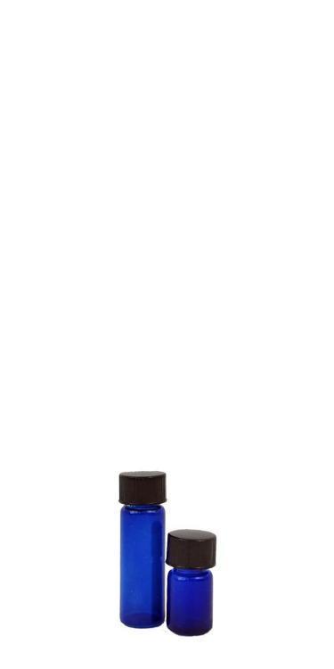 Cobalt blue 1 dram glass bottle and a 5/8 dram bottle with black cap and insert