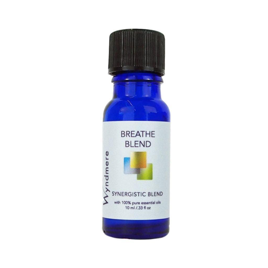 Wyndmere Breathe Blend essential oils in a 10ml cobalt blue bottle