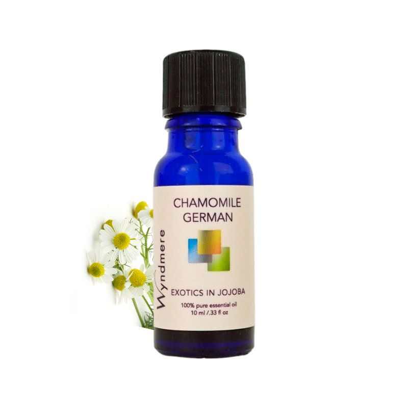Chamomile flowers with Wyndmere German Chamomile Essential Oil in a 10ml cobalt blue bottle