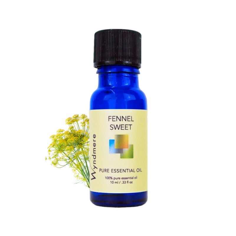 Fennel flower top with a 10ml cobalt blue bottle of Wyndmere Sweet Fennel Essential Oil