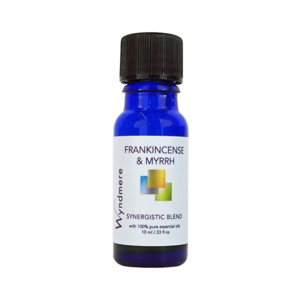 Wyndmere Frankincense & Myrrh essential oil blend in a 10ml cobalt blue bottle