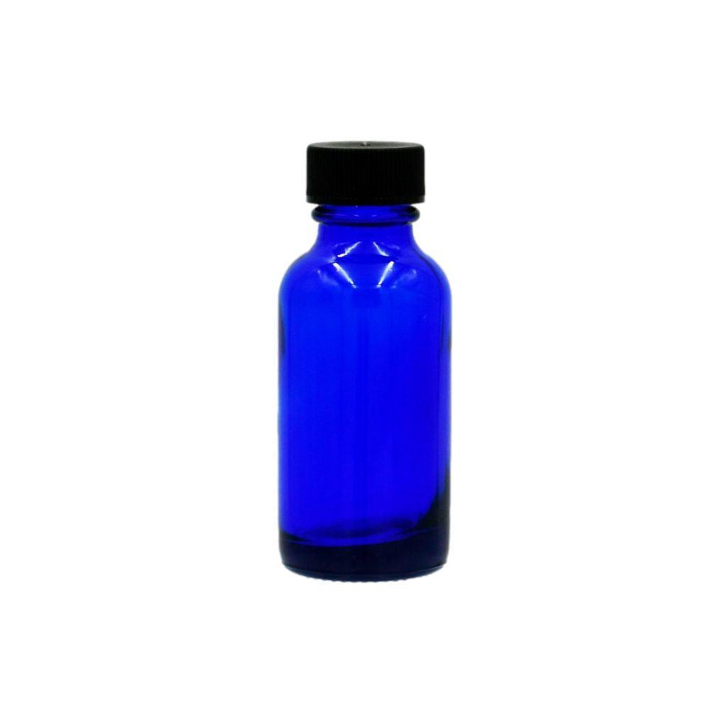 1 oz cobalt blue boston round glass bottle with black cap, use for DIY projects or storage