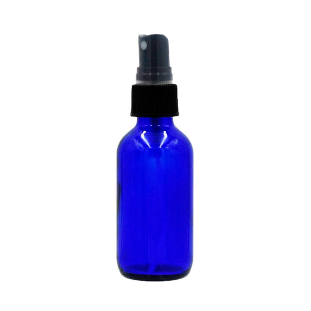 2 oz cobalt blue boston round glass bottle with black fine spray mister with clear hood