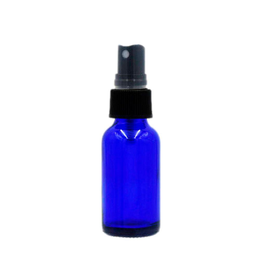1 oz cobalt blue boston round glass bottle with black fine spray mister with clear hood