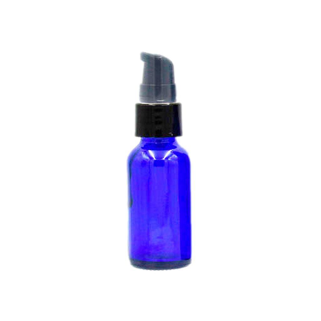1oz cobalt blue boston round glass bottle with black smooth walled treatment pump and clear hood