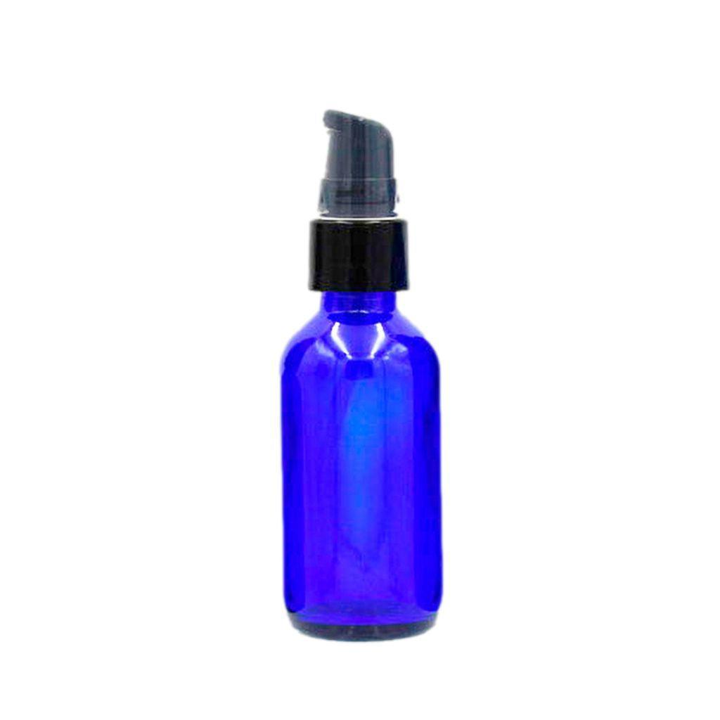 2oz cobalt blue boston round glass bottle with black smooth walled treatment pump and clear hood