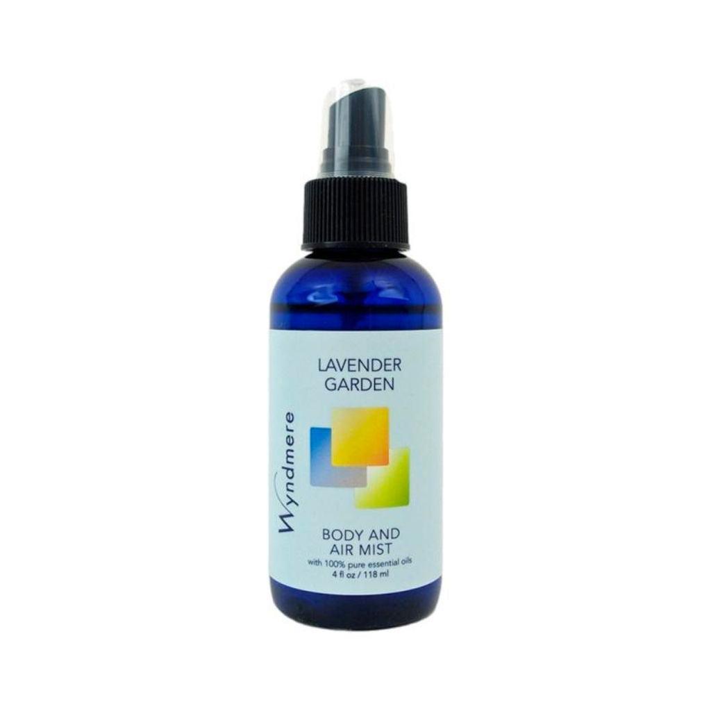 A calming and restful essential oil blend of Lavender Garden Body & Air Mist in a 4oz blue bottle