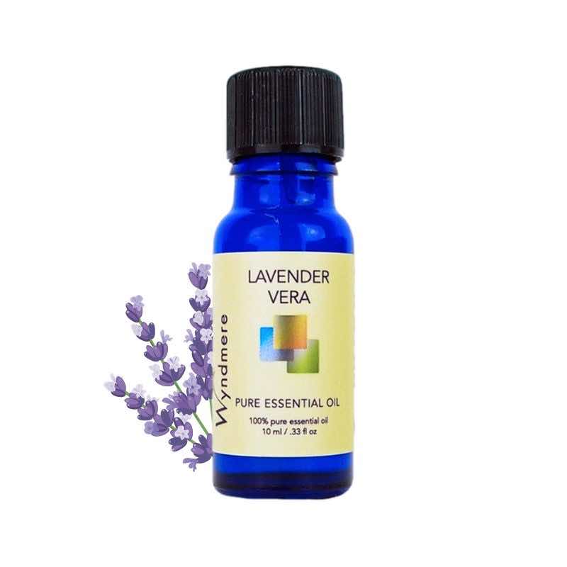 Drawing of lavender flower top with a 10ml cobalt blue bottle of Wyndmere Lavender vera Essential Oil