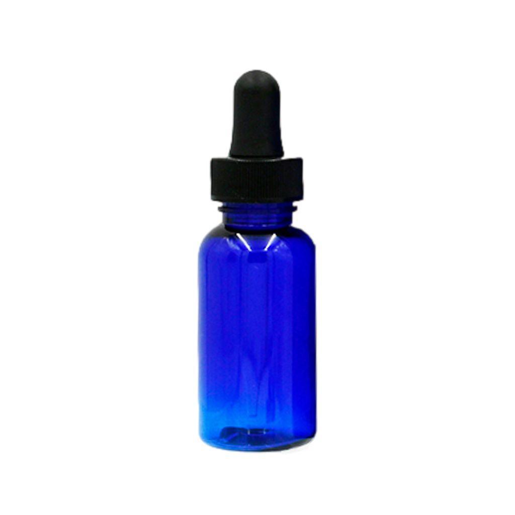 1oz cobalt blue boston round plastic (PET) bottle with black dropper.