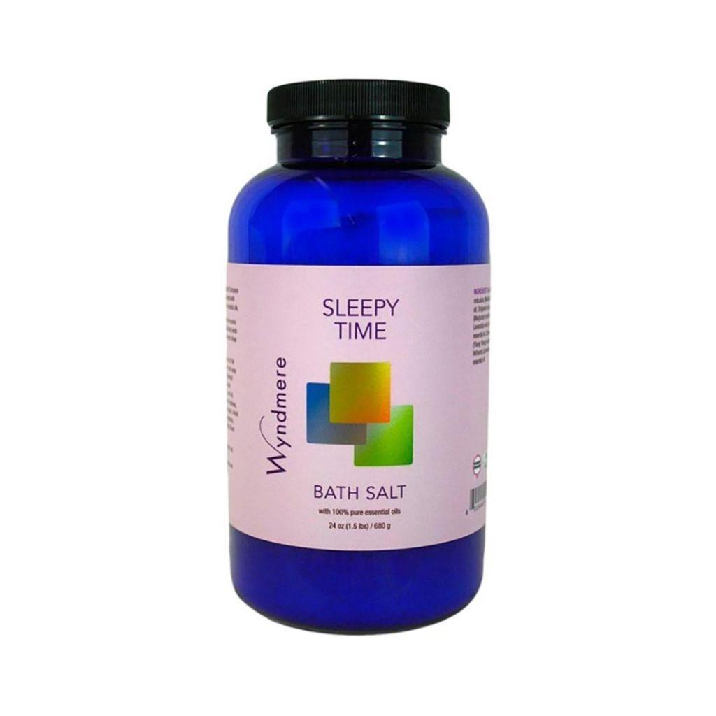 24 ounce cobalt blue bottle of Wyndmere Sleepy Time Bath Salt that helps you take relaxation to the max.