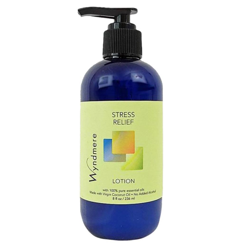 An 8oz cobalt blue bottle of Stress Relief Lotion using the best essential oils for anxiety and nervous tension