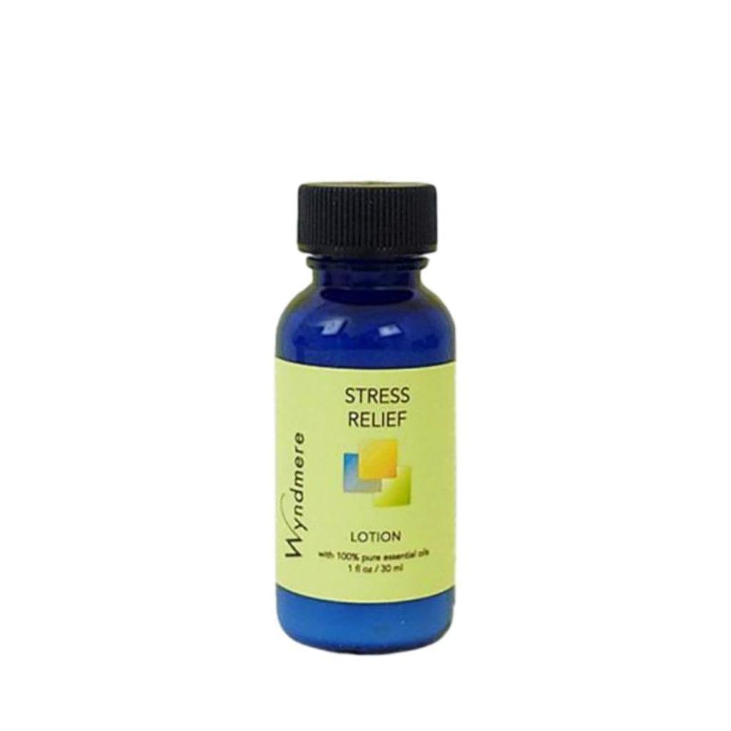 1oz cobalt blue bottle of Stress Relief Lotion using the best essential oils for anxiety and nervous tension