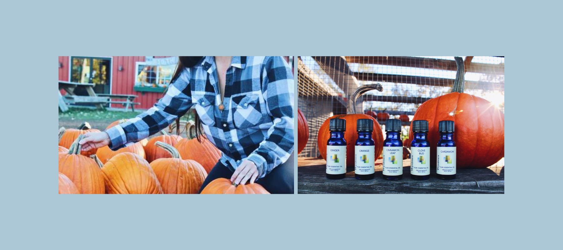 Halloween giveaway Wyndmere Promotion. Pumpkin patch with woman wearing Starfire aromatherapy necklace.