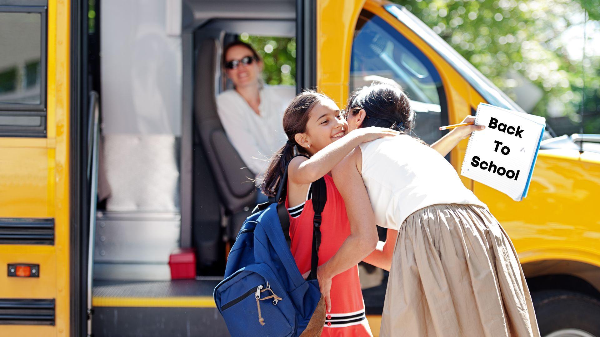 Wyndmere Back to school Bundles - A supportive hug from mom while getting on the bus for the first day back to school.
