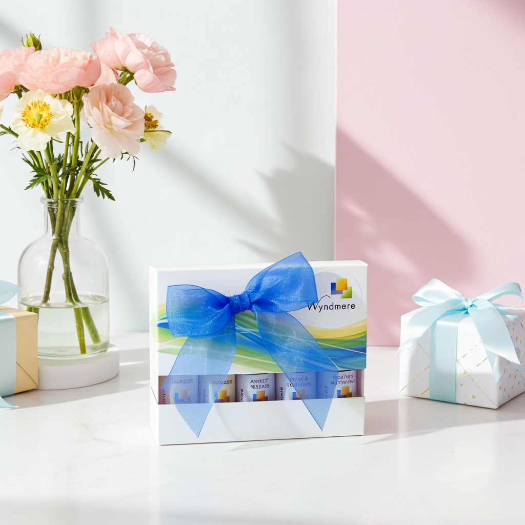 Gift box of four essential oils, featuring a blue ribbon and Wyndmere branding, alongside a vase of flowers on a light-colored surface.