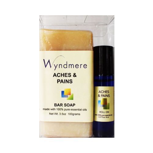 Aches &amp; Pains soap and roll-on in a clear box. Perfect gift for active people.