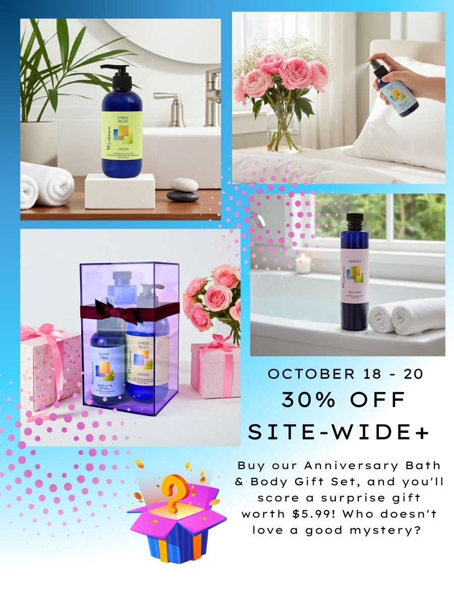 Collage of Wyndmere bath and body products with promotional text for a sale event. With a free mystery gift with a gift box purchase.