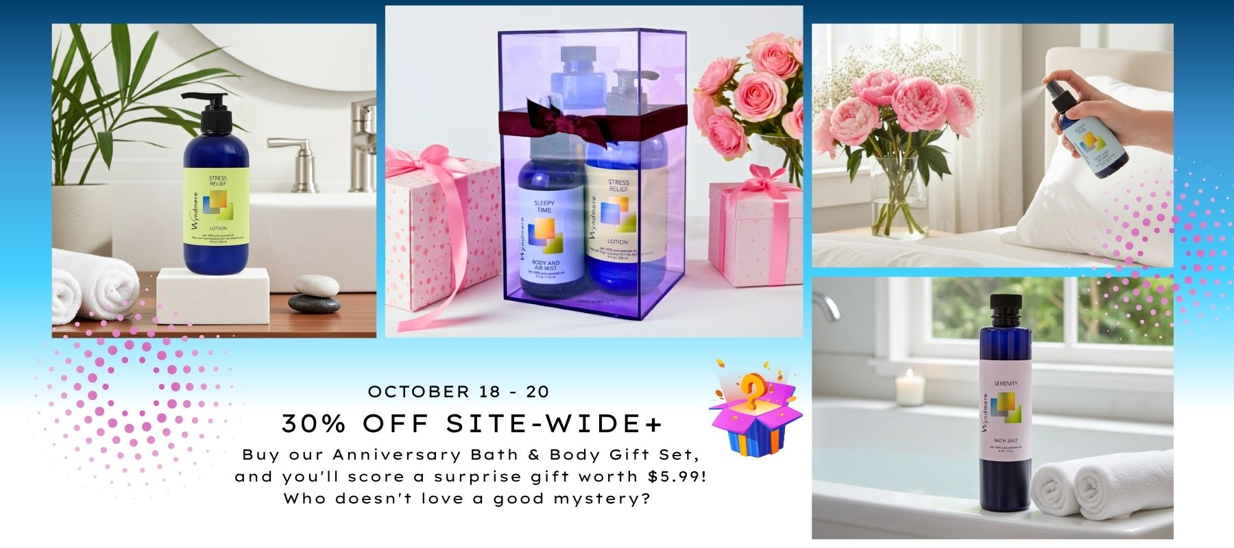 Promotional banner for a bath and body set sale with various product images and a discount offer. Wyndmere