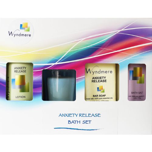 Decorative gift box of Wyndmere Anxiety Release lotion, soap, candle and bath salt